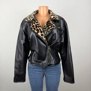 Vintage Y2K Leopard Print Fleece Lined Leather Jacket